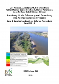 Cover von Skript 549: oben: Blick auf die Aue der Donau (Planungsbüro Koenzen); links unten: Bewertungsskala (Brunotte et al. 2009); rechts unten: Auenabgrenzung (Planungsbüro Koenzen)