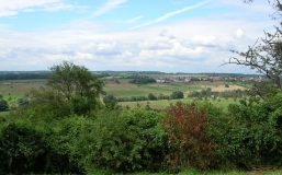Das Foto zeigt einen Landschaftsausschnitt der hügeligen, landwirtschaftlich geprägten Landschaft des vorderen Bliesgaus mit Hecken und Einzelgehölzen