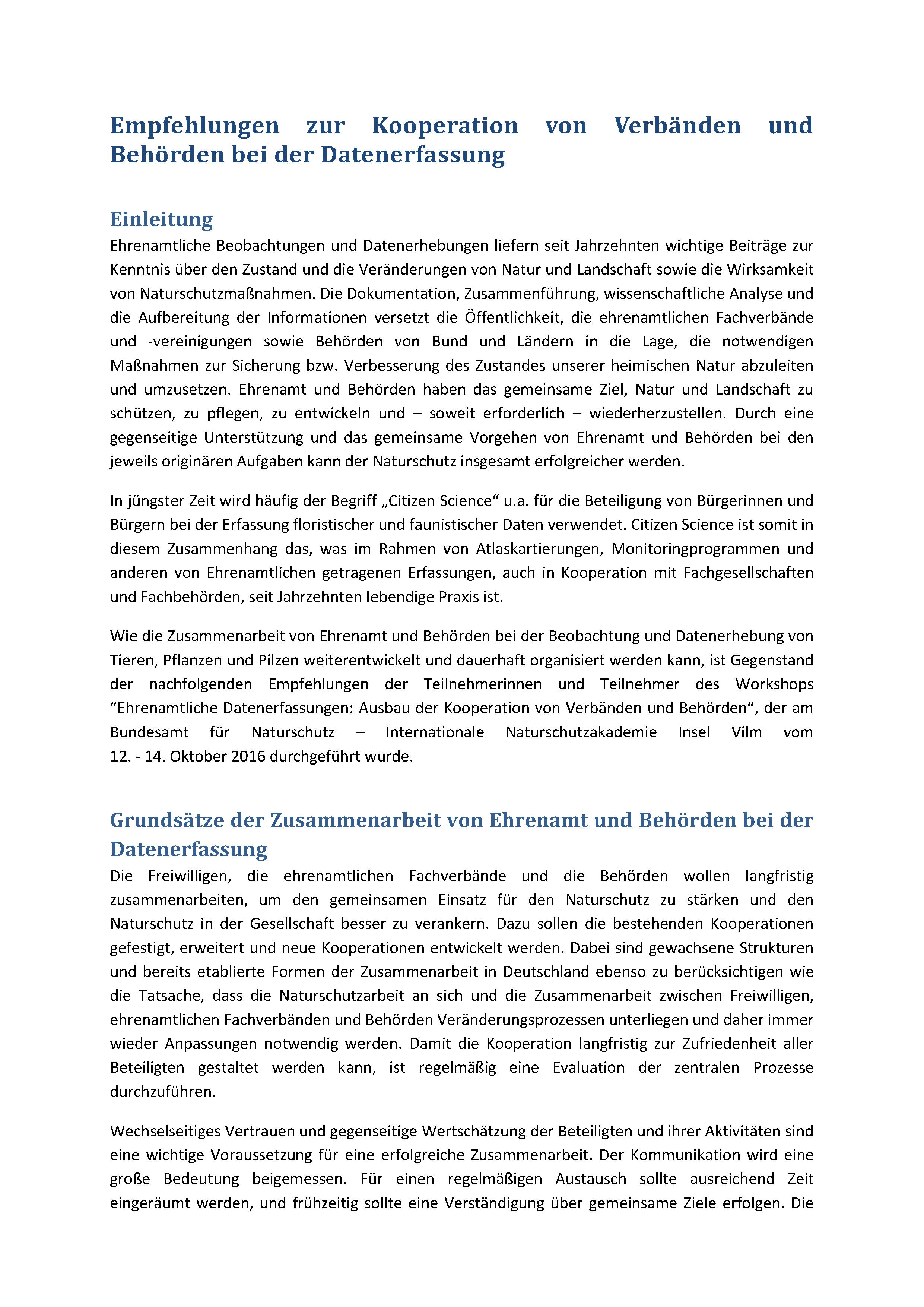 Empfehlungen zur Kooperation von Verbänden und Behörden bei der Datenerfassung 