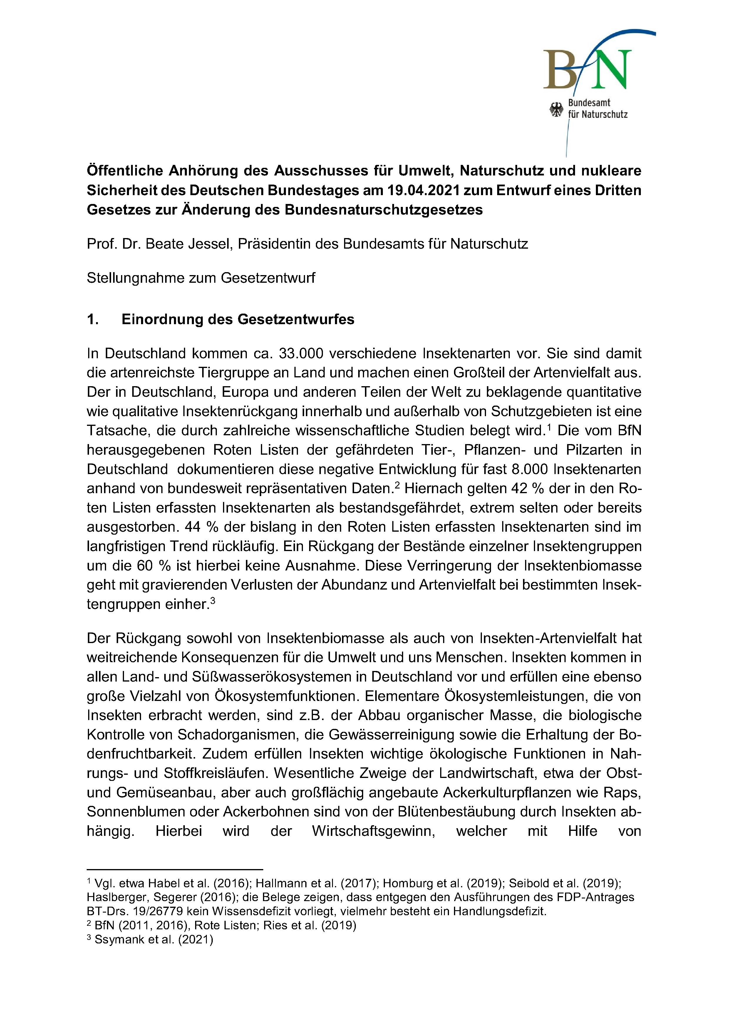 Öffentliche Anhörung des Ausschusses für Umwelt, Naturschutz und nukleare Sicherheit des Deutschen Bundestages am 19.04.2021 zum Entwurf eines Dritten Gesetzes zur Änderung des Bundesnaturschutzgesetzes 