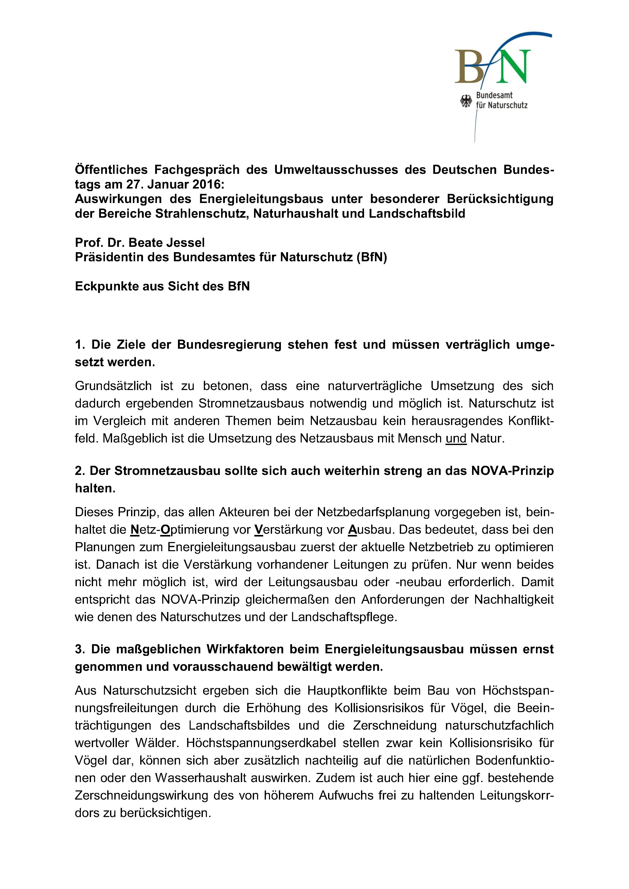 Cover Öffentliches Fachgespräch des Umweltausschusses des Deutschen Bundestags am 27. Januar 2016: Auswirkungen des  Energieleitungsbaus unter besonderer Berücksichtigung der Bereiche Strahlenschutz, Naturhaushalt und Landschaftsbild