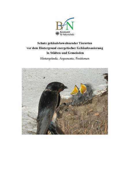 Titelseite Schutz gebäudebewohnender Tierarten vor dem Hintergrund energetischer Gebäudesanierung  in Städten und Gemeinden