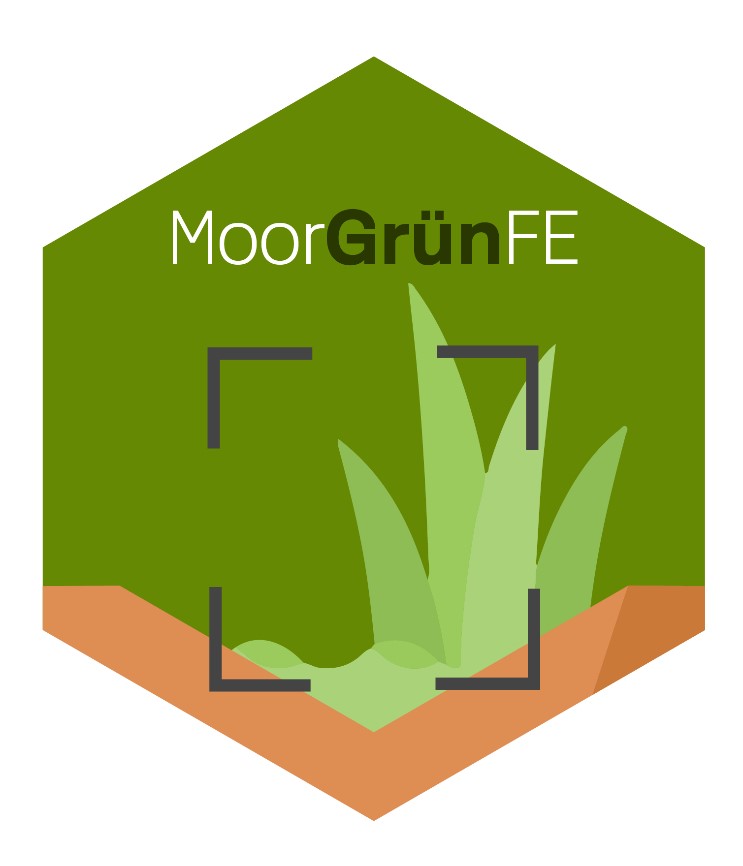 Logo ‚MoorGrünFE‘ mit stilisierter grüner Moorvegetation und Schriftzug, sowie angedeutetem Pixel