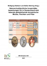 Cover von BfN-Skript 603: Graphische Darstellung der Methodik der naturschutzfachlichen Invasivitätsbewertung für gebietsfremde Arten. Stellvertretend sind für die Moose (Foto links) Campylopus introflexus (Kak-tusmoos) und für die Pilze (Foto rechts) Clathrus archeri (Tintenfischpilz) abgebildet. Unter den in Deutschland wild lebenden Flechten ist bislang keine gebietsfremde Art nachgewiesen worden.