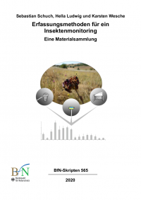 Vom Insekt über die Erfassung zur Statistik: Esparsetten-Widderchen auf Blüte im Grasland; Illustration dreier Erfassungsmethoden (Kescher, Farbschale und Malaisefalle); schematische Darstellung einer Häufigkeitsverteilung als Balkendiagramm 