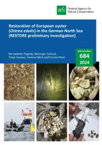 Cover von BfN-Schriften 684; Titelbild: top row (left to right): Ostrea edulis spat oysters, two millimetres in size (AWI/Merk); test setup on landing gear under water (AWI/Merk); European oyster settled on shells (AWI/Colsoul); Bottom row (left to right): Divers placing European oysters in the North Sea (AWI/Mueller-Elsner); European oysters grown in field trials in an oyster basket (AWI/Merk); Measurement of European oysters (AWI/Merk)