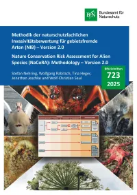 Cover von BfN-Schriften 723; Titelbild: Obere Reihe: Alopochen aegyptiaca (Nilgans), Procambarus clarkii (Roter Sumpfkrebs), Nasua nasua(Roter Nasenbär); Untere Reihe: Pectinatella magnifica (Schwammartiges Moostierchen), Heracleummantegazzianum (Riesenbärenklau), Clathrus archeri (Tintenfischpilz). (Graphik und Fotos © Stefan Nehring).