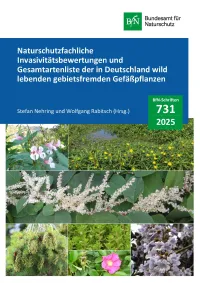Cover von BfN-Schriften 731; Titelbild: Obere Reihe: Impatiens glandulifera (Drüsiges Springkraut), Ludwigia grandiflora (Großblütiges Heusenkraut); Mittlere Reihe: Fallopia japonica (Japanischer Flügelknöterich); Untere Reihe: Pseudotsuga menziesii (Grüne Dou-glasie), Crassula helmsii (Nadelkraut), Rosa rugosa (Kartoffel-Rose), Paulownia tomentosa (Kaiser-Paulownie) (Alle Fotos © S. Nehring).