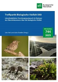 Cover von BfN-Schriften 744; Titelbild: links oben: Wiesenpieper (Anthus pratensis) (C. Unger), links unten: Chaenotheca ferruginea (T. Heidelk), rechts oben: Auenlandschaft (R. Braitsch), rechts unten: Orthotrichum pulchellum (T. Heidelk)