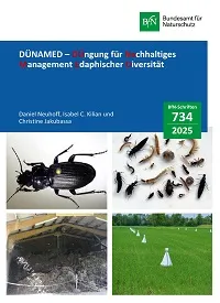 Cover von BfN-Schriften 734; Titelbild: zwei Carabidenarten, links oben Pterostichus melanarius L (Foto: A. Hamm), rechts oben Fang aus einer Barberfalle (Foto: F. Täufer), links unten: Rindermist, rechts unten: Versuchsfeld mit Photoeklektoren (Fotos: C. Dahn)