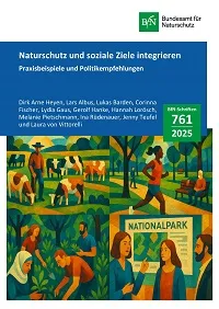 Cover von BfN-Schriften 761; Titelbild: Eine KI-generierte Collage aus vier Bildern: Bild 1 zeigt einen Bauern mit Kühen auf einer Weide. Bild 2 zeigt einen Stadtpark mit Menschen. Bild 3 zeigt Menschen, die gemeinsam pflanzen. Bild 4 zeigt Menschen vor einer Infotafel zu einem (geplanten) Nationalpark. (GPT-4o mini von OpenAI)