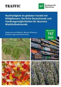 Cover von BfN-Schriften 747; Titelbild: Oben links: Zweige und Blätter des Gummi arabicum-Baumes Senegalia senegal (D. Bastia-nelli, iNaturalist); Oben rechts: Erfrischungsgetränke im Kühlregal (Igorovsyannykov, Pixabay); Unten links: Gummibärchen (Pixabay); Unten rechts: Blüten von Candelilla Euphorbia antisyphilitica am Candelilla-Strauch. (Gary Nored, Flickr)