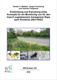 Auf dem Foto ist das Titelbild des BfN-Skripts 430 "Entwicklung und Erprobung eines Konzepts für ein Monitoring von für den Import zugelassenem transgenem Raps nach Richtlinie 2001/18/EG" abgebildet.