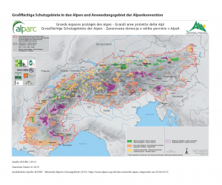 Karte Großflächige Schutzgebiete in den Alpen und Anwendungsgebiet der Alpenkonvention