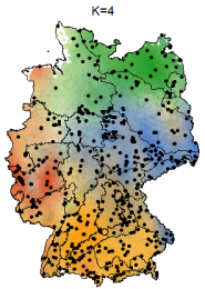 Karte der innerartlichen genetischen Gruppen beim Weißen Labkraut (Galium album), basierend auf 639 Pflanzenproben und 9961 SNP-Markern. Erkennbar sind geographische Schwerpunkte relativ reiner Gruppenzugehörigkeit als auch große Übergangsgebiete gemischter Gruppenzugehörigkeit.