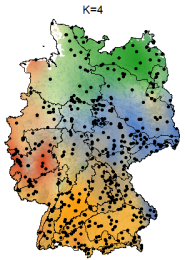 Karte der innerartlichen genetischen Gruppen beim Weißen Labkraut (Galium album), basierend auf 639 Pflanzenproben und 9961 SNP-Markern. Erkennbar sind geographische Schwerpunkte relativ reiner Gruppenzugehörigkeit als auch große Übergangsgebiete gemischter Gruppenzugehörigkeit. 