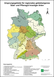 Die Karte zeigt die 22 Ursprungsgebiete regionalen gebietseigenen Saat- und Pflanzguts krautiger Arten.