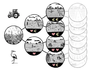Das Bild zeigt die verschiedenen Nutzungsmöglichkeiten von Grasländern und betont die Vielfalt der monetären und nicht-monetären Werte, die sie bieten.