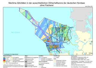 Die Karte zeigt für die ausschließliche Wirtschaftszone der Nordsee die drei Naturschutzgebiete (NSG) sowie menschliche Nutzungen. Quellen sind Daten des Bundesamtes für Naturschutz (BfN) sowie des Bundesamtes für Seeschifffahrt und Hydrographie. 