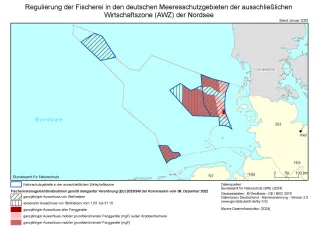 Karte Regulierung der Fischerei in den deutschen Meeresschutzgebieten der ausschließlichen Wirtschaftszone (AWZ) der Nordsee