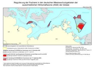 Karte Regulierung der Fischerei in den deutschen Meeresschutzgebieten der ausschließlichen Wirtschaftszone (AWZ) der Ostsee
