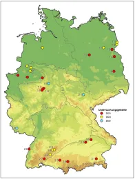 Die Deutschlandkarte zeigt die Untersuchungsgebiete für die Wiederholungskartierung an