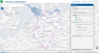 Mit dem Kartendienst „Flussauen in Deutschland“ werden Informationen über Verbreitung, Größe und Verlust von Flussauen, deren Zustand, Nutzung und Schutzstatus sowie eine Übersicht zu Auenrenaturierungsprojekten zur Verfügung gestellt.