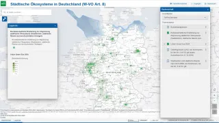 Der Kartendienst „Städtische Ökosysteme in DE (W-VO Art. 8)“  stellt bundesweite Informationen (und Daten) im Kontext von Artikel 8 der EU-Wiederherstellungsverordnung zur Wiederherstellung städtischer Ökosysteme  zur Verfügung.