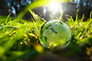 Weltkugel aus Glas im Gras liegend