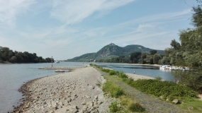 Vom Rheinufer aus ist in weiter Entferung der landschaftsprägende Drachenfels erkennbar.