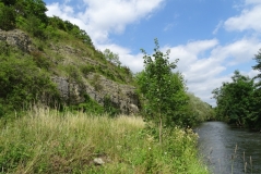 Ein ruhig fließendes Gewässer ist auf dem Foto zu sehen. Naturnahe Gewässerstrukturen sowie emporragende Kalkfelsen begleiten den Fluss.