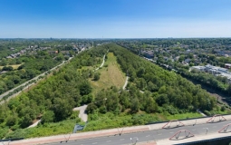 Blick von oben auf einen Park, Bäume, eine Straße und im Hintergrund Siedlungen