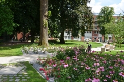 Blumenbeete, Wege und Rasen, im Hintergrund Gebäude