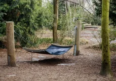 Eine Hängematte und ein Spielplatz im Wald.