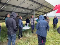 Zu sehen ist eine Gruppe von Menschen unter einem Solarmodul, die einer Fachexpertin zuhören