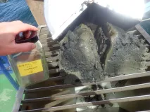 Greiferprobe mit Schlick. Die Greiferproben werden im Labor im Rahmen der KomSO-Ringversuche auf ihren Kohlenstoffgehalt untersucht.