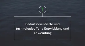 Weißer Text in Weißem Rahmen vor dunkelblauem, ruhigen Wasser. Text: Bedarfsorientierte und technologieoffene Anwendung und Entwicklung