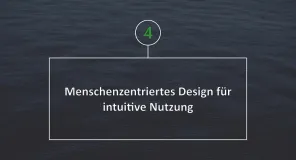 Weißer Text in Weißem Rahmen vor dunkelblauem, ruhigen Wasser. Text: Menschenzentriertes Design für intuitive Nutzung