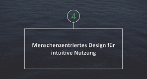 Weißer Text in Weißem Rahmen vor dunkelblauem, ruhigen Wasser. Text: Menschenzentriertes Design für intuitive Nutzung