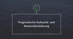 Weißer Text in Weißem Rahmen vor dunkelblauem, ruhigen Wasser. Text: Pragmatische Aufwand- und Nutzenabschätzung