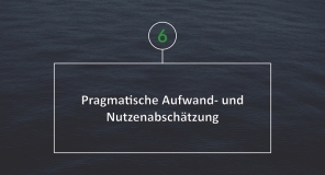Weißer Text in Weißem Rahmen vor dunkelblauem, ruhigen Wasser. Text: Pragmatische Aufwand- und Nutzenabschätzung