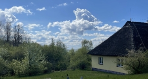 Blick in die Ferne mit Reetdach gedecktem gelben Haus