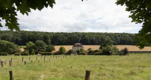 Zwischen eingezäunten Wiesen führt ein geradliniger Weg zu einem Fachwerkhaus. Am Horizont erstreckt sich ein bewaldeter Hang.