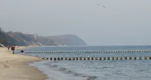 Das Foto zeigt eine Küstenlinie auf Usedom an einem trüben Tag. Am Strand sind mehrere Spaziergänger unterwegs. Im Vordergrund sind Wellenbrecher aus Holzpfosten zu sehen.