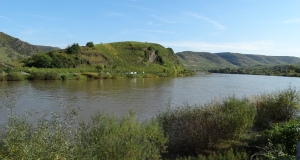 Das Foto zeigt die Mosel und die angrenzenden Hänge, die für Weinbau genutzt werden.
