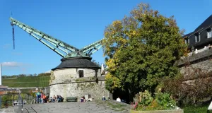 Das Foto zeigt den „Alten Kranen“ an der Uferpromenade des Mains in Würzburg. Im Hintergrund sind Weinberge zu sehen.
