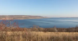 Das Bild zeigt eine große Wasserfläche von einem erhöhten Standort aus.