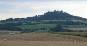 Das Foto zeigt einen Blick auf die bewaldete Anhöhe Veste Otzberg. Die Burganlage ist schemenhaft zu erkennen.