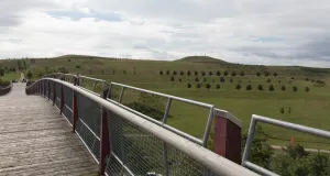 Zu sehen ist eine geschwungene Brücke, von welcher sich ein Blick auf eine neu gestaltete Landschaft eröffnet.