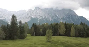 Zu sehen ist eine Wiese mit einer kleinhügeligen, buckartigen Oberfläche. Am Horizont ziehen Wolken auf und verdecken die Bergspitze des angrenzenden Karwendelgebirges.